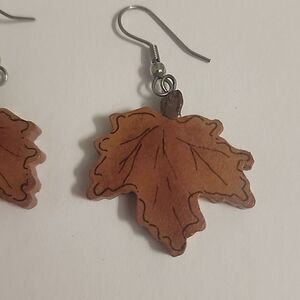 Wooden Maple Leaf Dangle Drop Earrings Autumn Fall